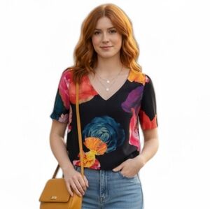 XXS Babaton Aritzia Rose Print Pink Blue Graphic Crop Blouse